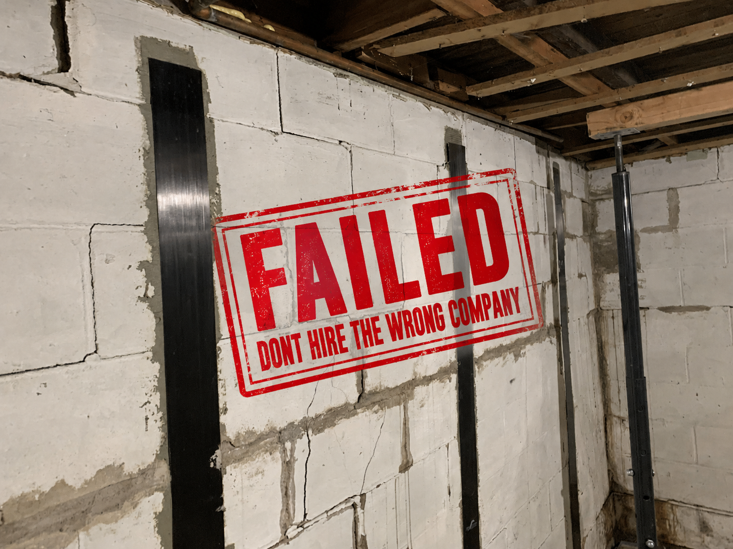A failed basement wall repair — carbon-fiber straps and a support post on cracked block