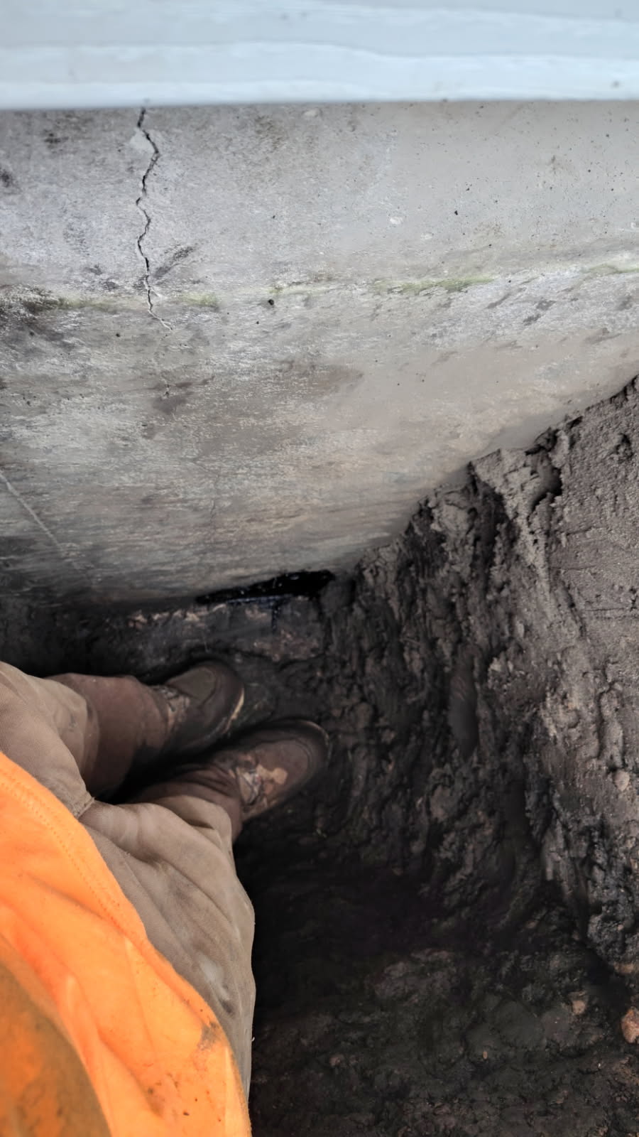 Excavation carried down to the base of the foundation wall with the crack visible above the soil line