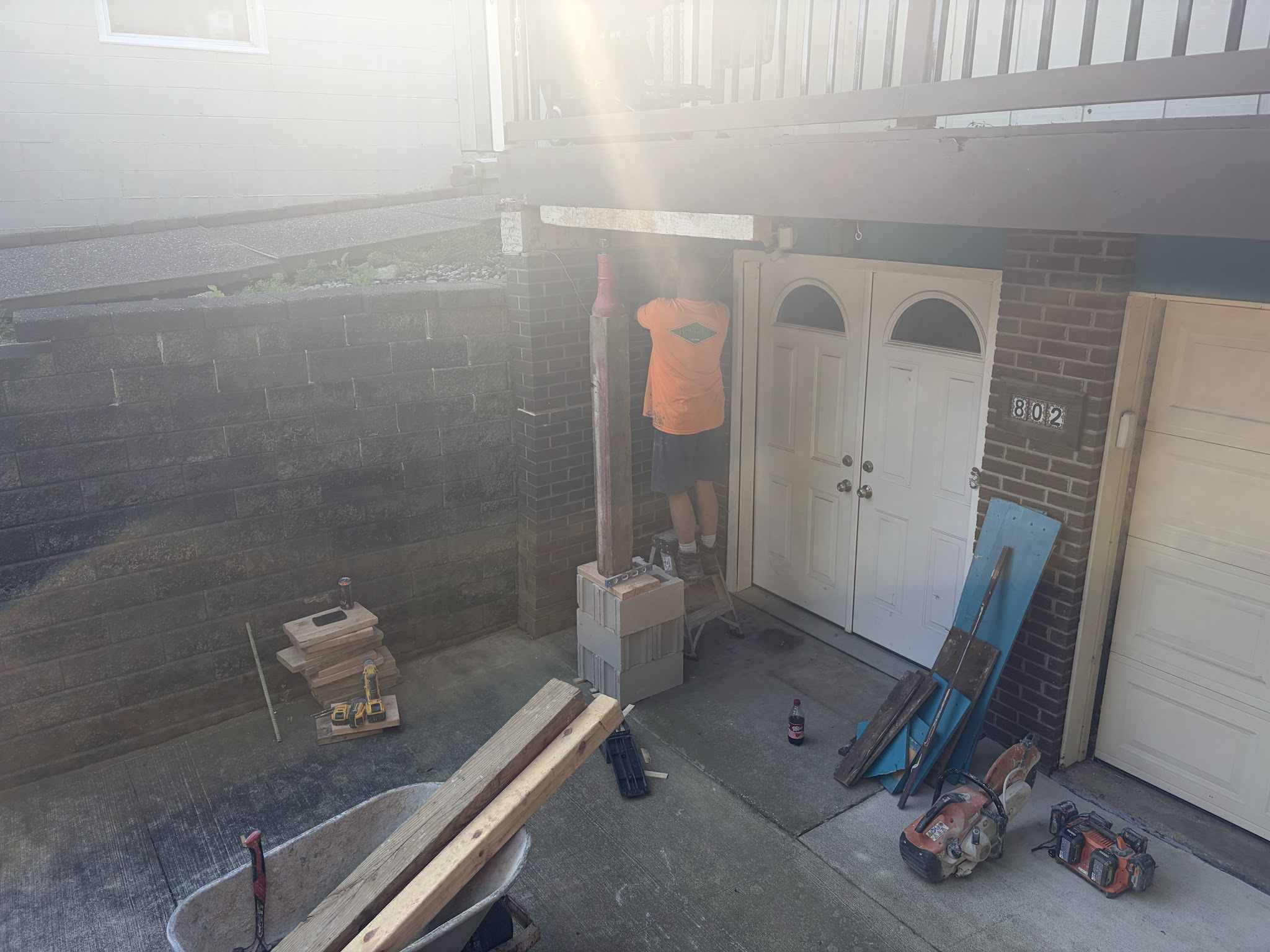 Work area at the porch during removal of the failed wall section