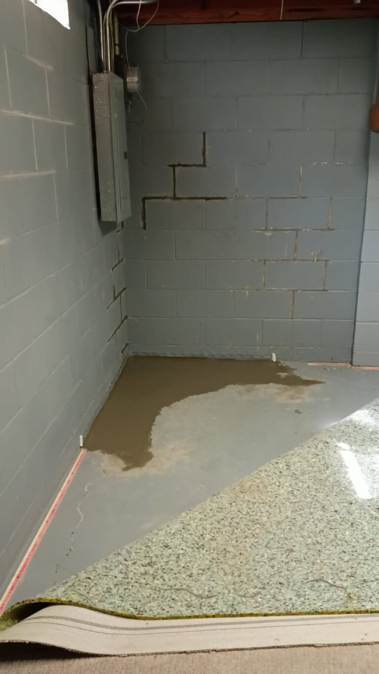 Patched section of basement floor along the foundation wall after the drain tile repair