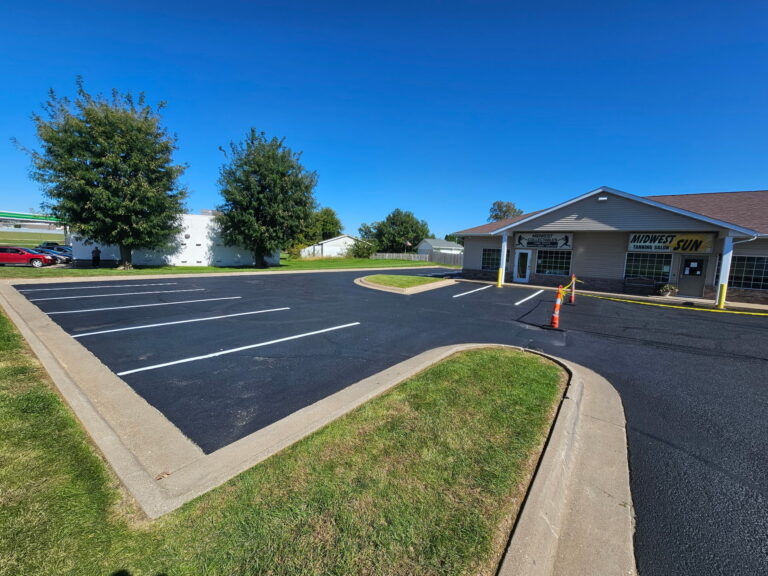 Commercial parking lot in Davenport during the sealcoating and crack-filling project