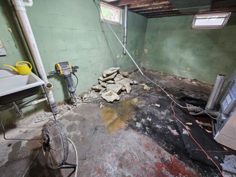 Bettendorf basement during the waterproofing and foundation wall stabilization project