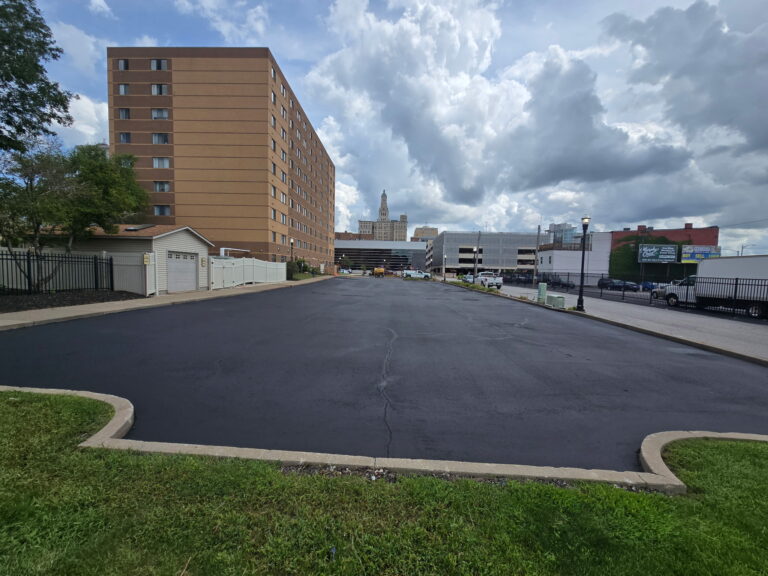 Downtown Davenport parking lot during the commercial sealcoating project