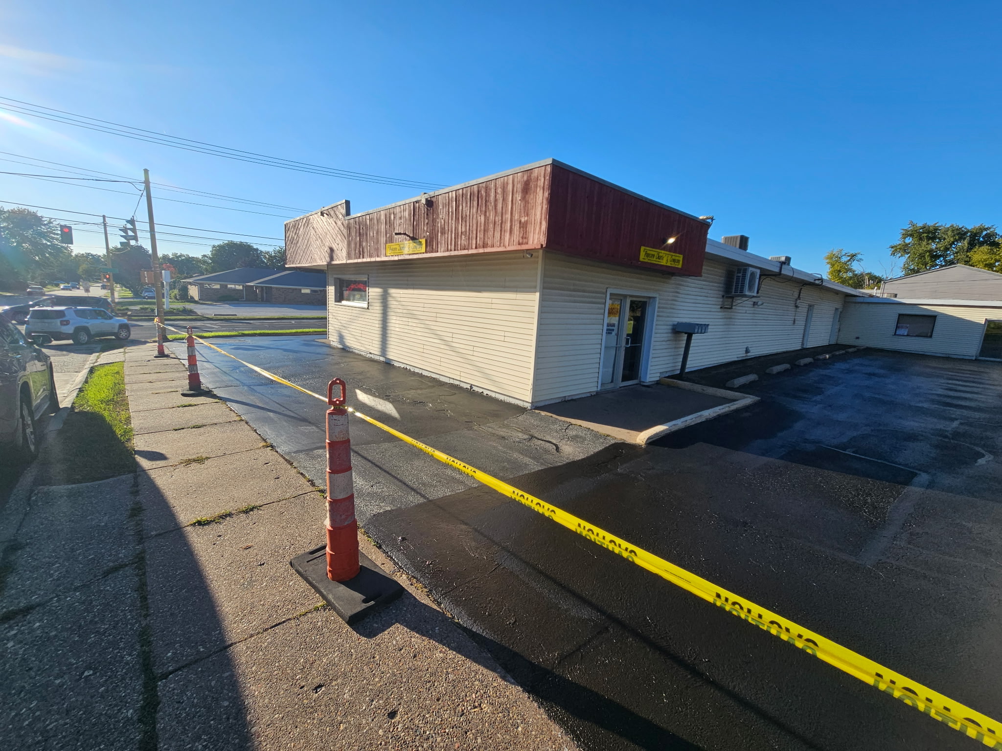 Parking lot at Popcorn Charlie's during the sealcoating project