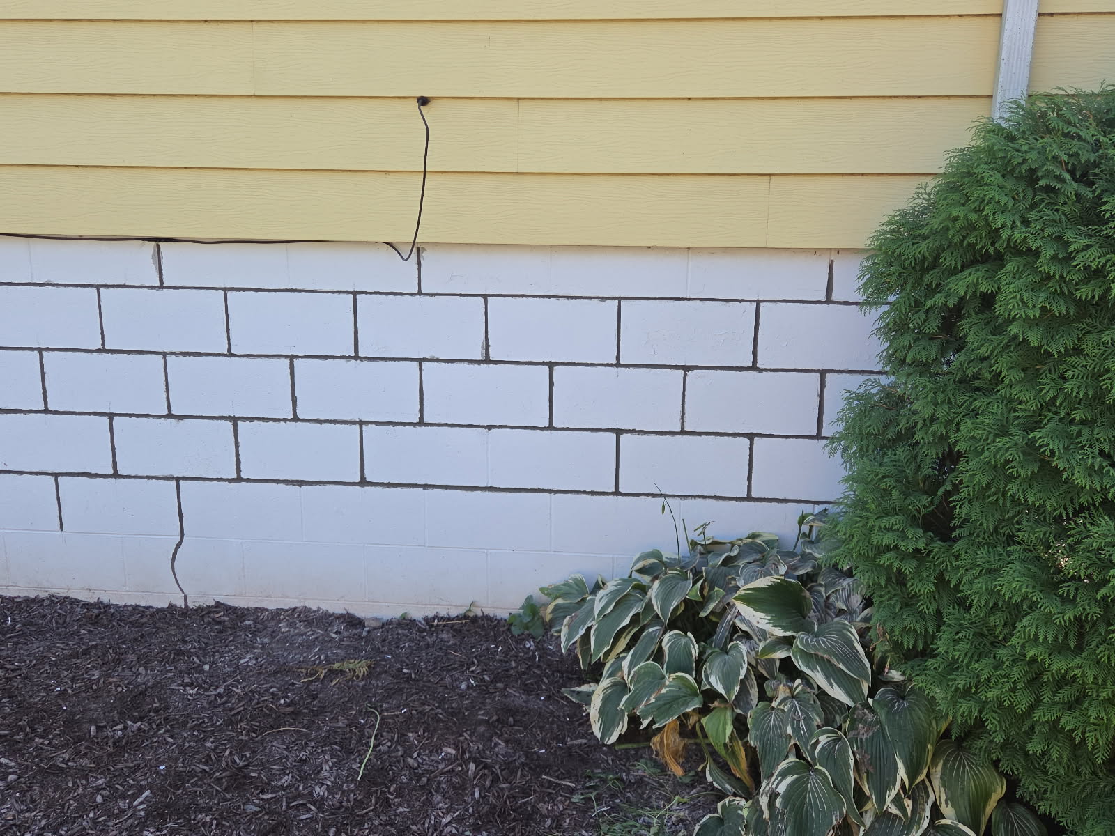 Tuckpointed block foundation wall beside the home