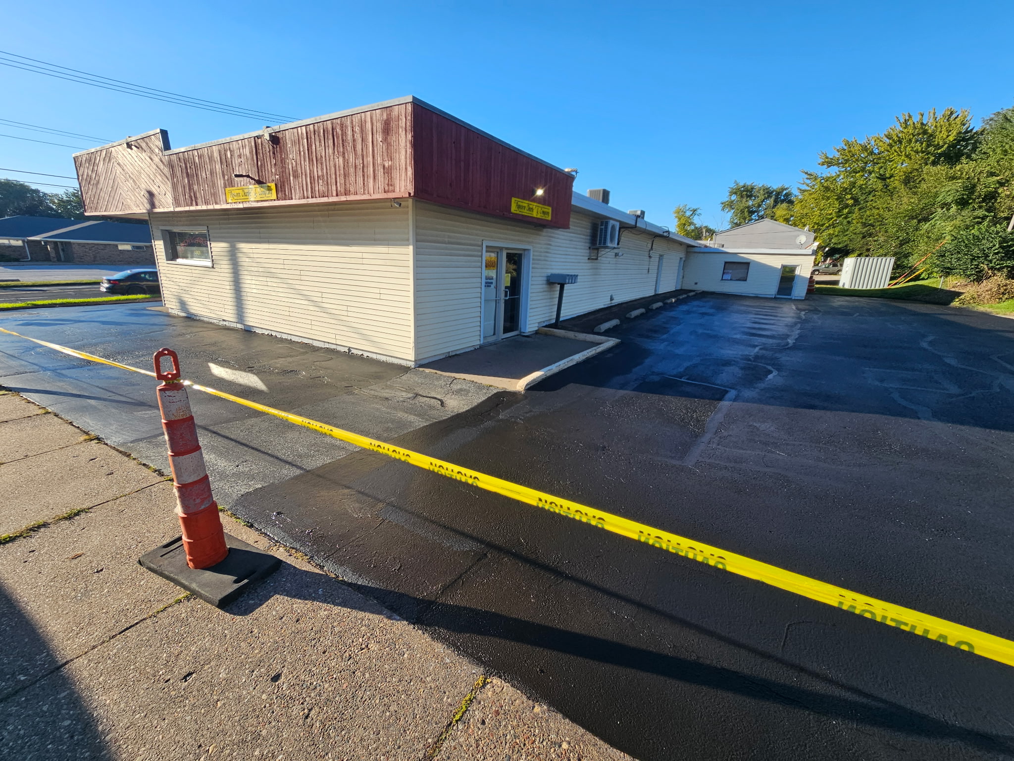 Parking lot at Popcorn Charlie's during the sealcoating project