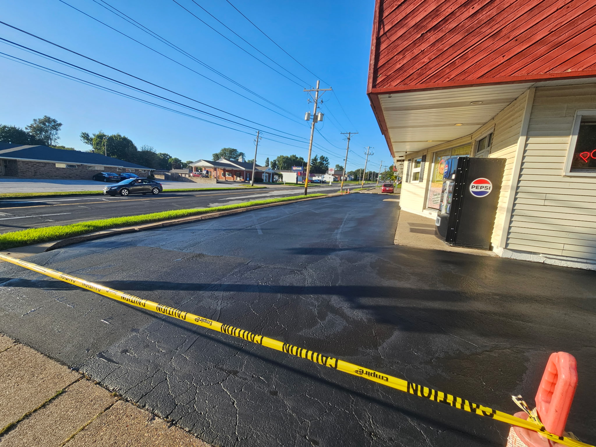 Parking lot at Popcorn Charlie's during the sealcoating project