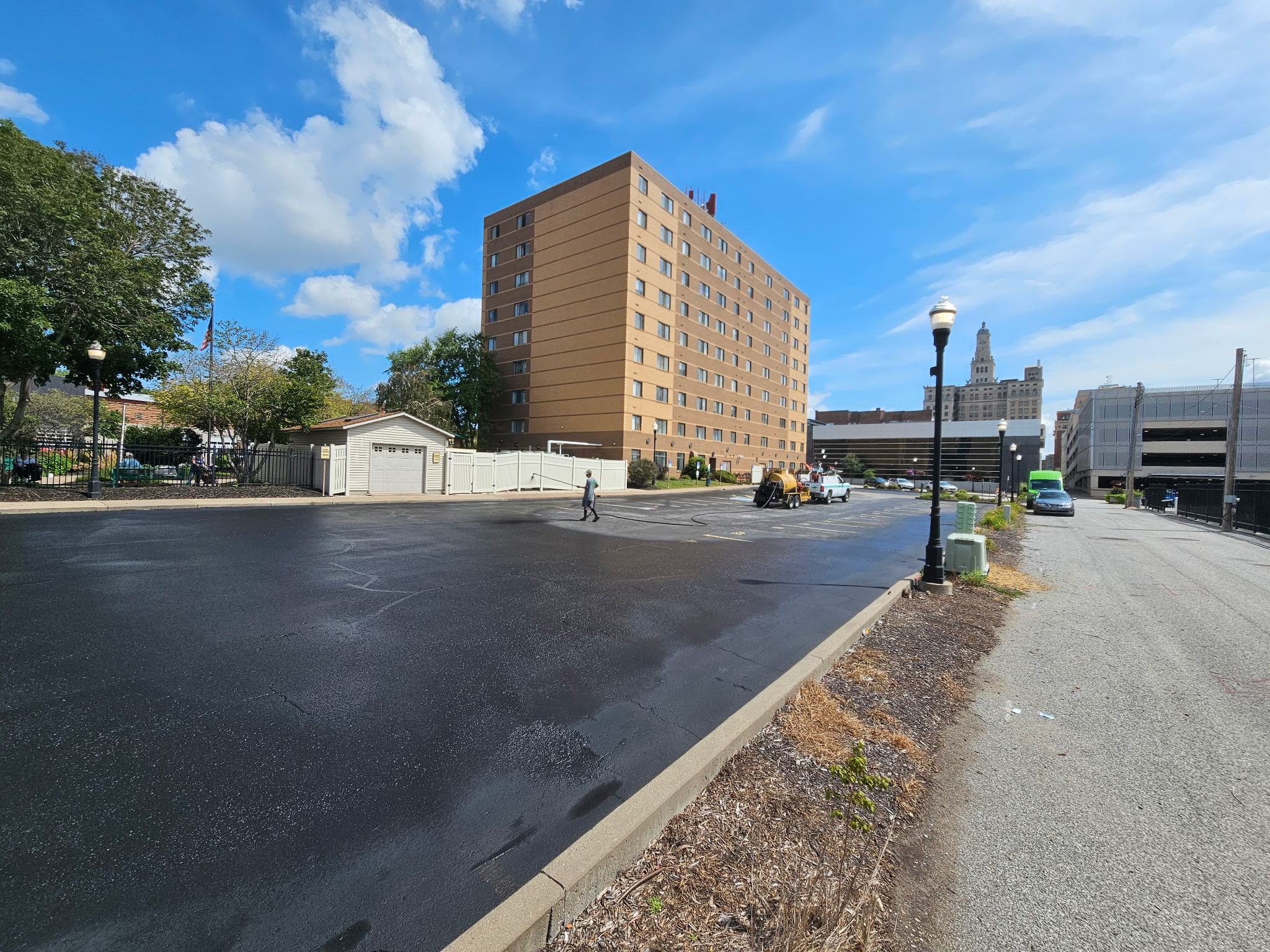 Downtown Davenport parking lot during the commercial sealcoating project