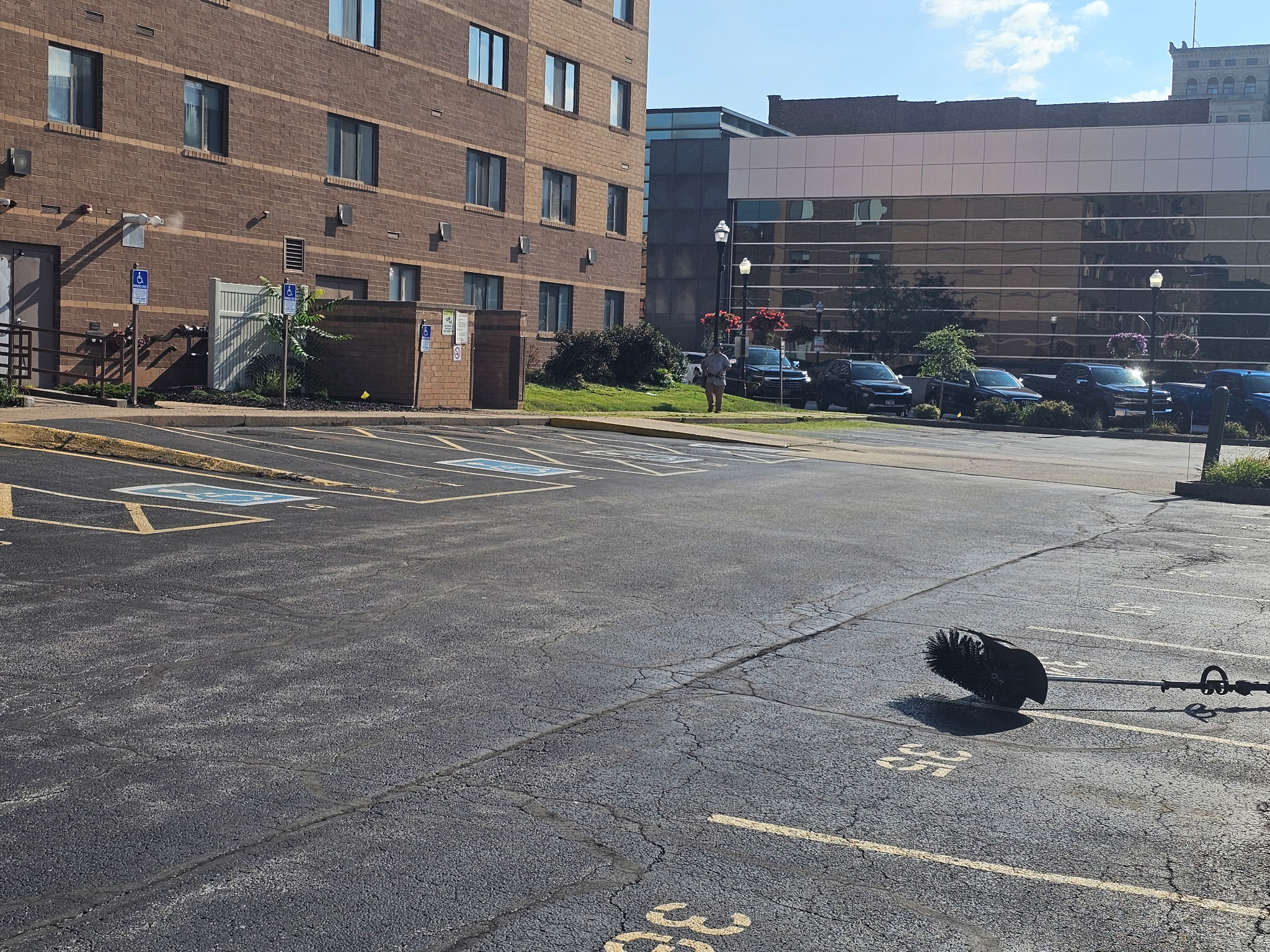 Downtown Davenport parking lot during the commercial sealcoating project