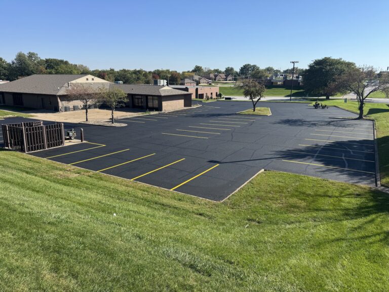 Parking lot at Keller Williams in Bettendorf during the crack filling and sealcoating project